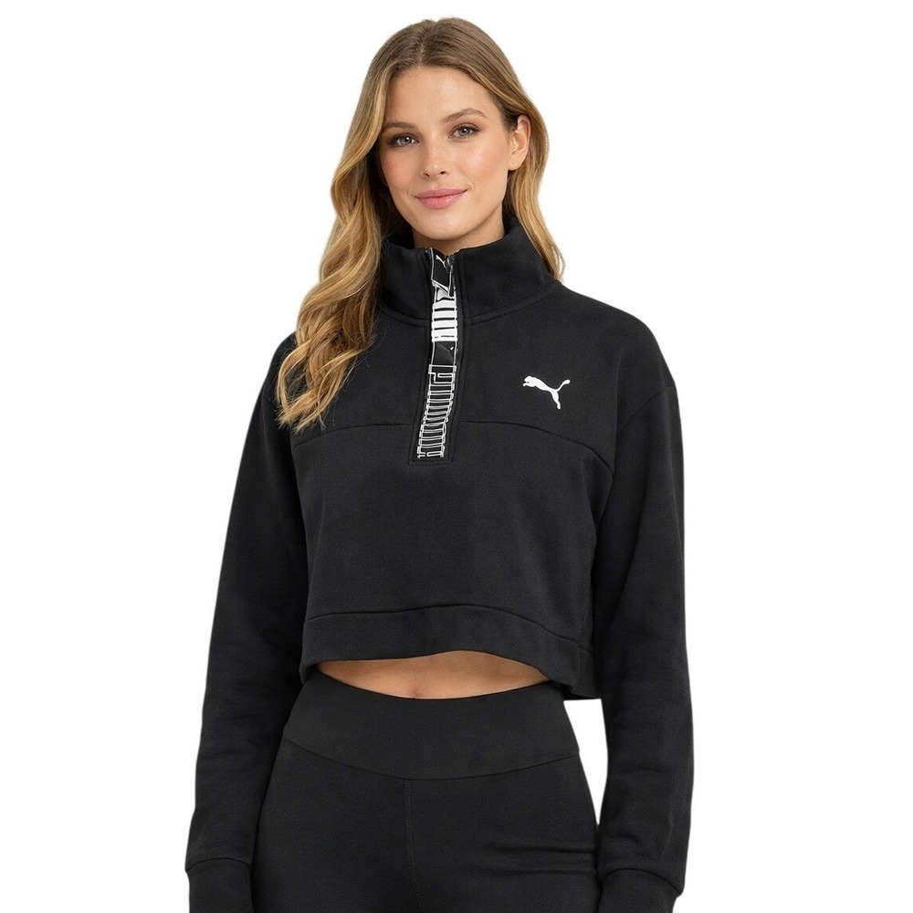 Puma Quarter Zip Sweatshirt Womens Large Black Cropped Logo Tape Pullover